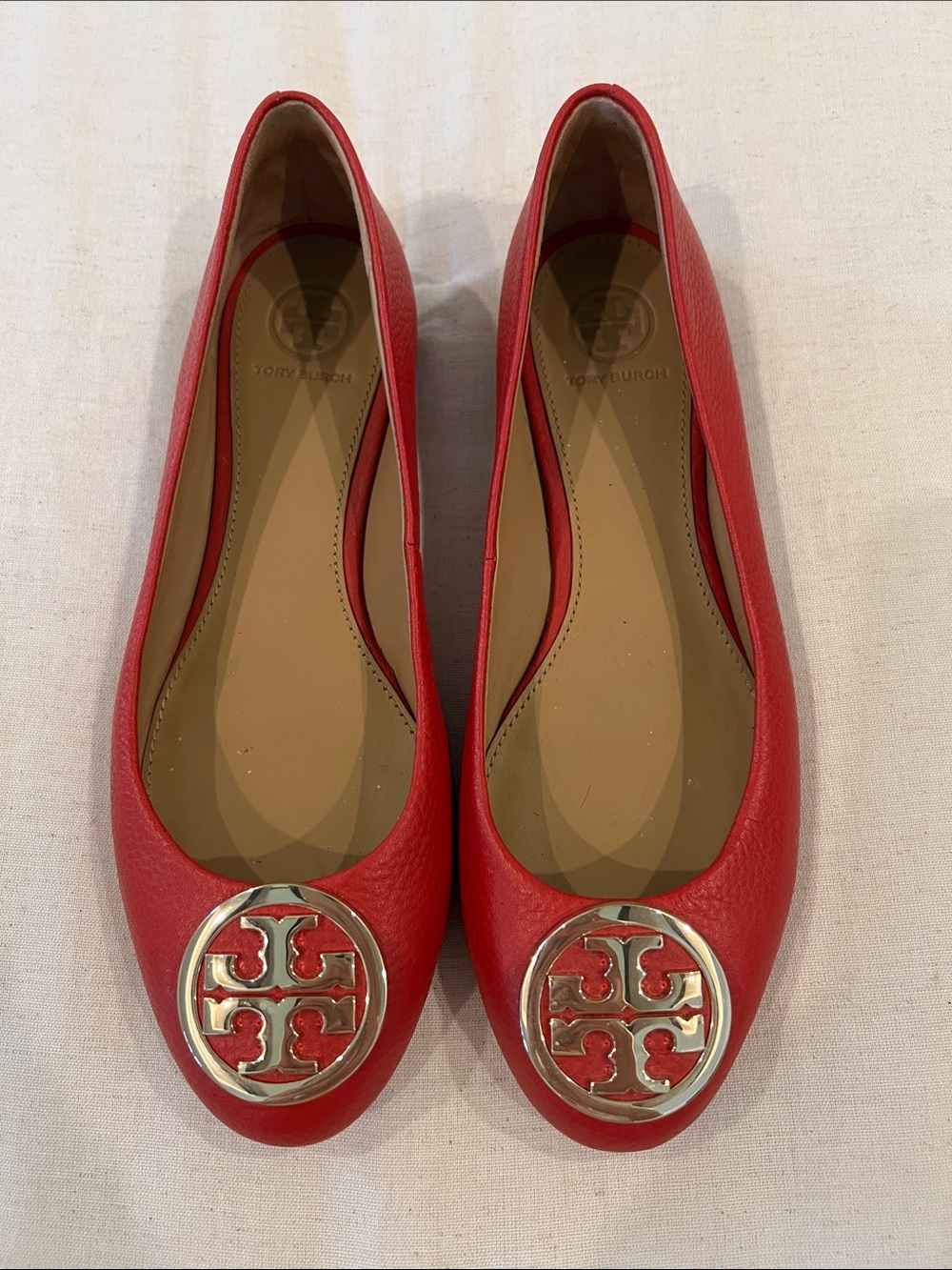Tory Burch Red Leather Logo Medallion Flats